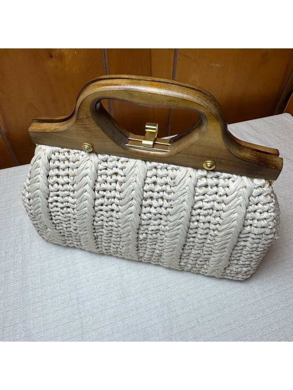 Vintage Italian Raffia Handbag Wooden Handle Clutch Purse Made In Ital